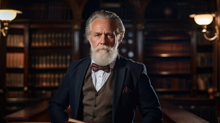 An elderly professor with a gray beard in the background of the library