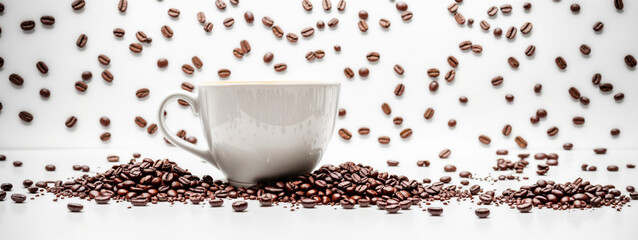 hot espresso and coffee bean on white table with soft-focus and over light in the background. top view