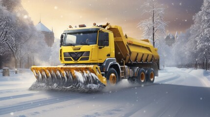 snow plow truck hard at work, efficiently removing snow from a road during a snowstorm.