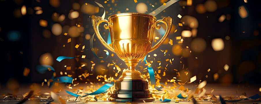 Championship event and golden trophy for winner and flying confetti around. Postproducted generative AI illustration.