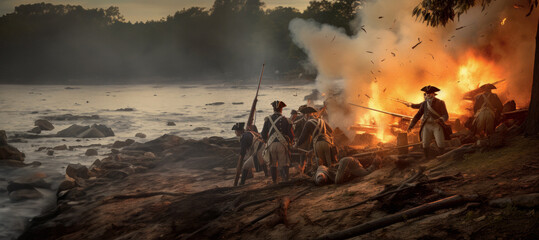 Battlefield Drama Historic Conflict at Its Peak: The Siege of Yorktown's Battle Scene with Explosive Action and Tensions - obrazy, fototapety, plakaty