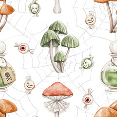 Seamless pattern with vintage variety set of halloween funny cute scary sweets, poison mushrooms and cobweb isolated on white background. Watercolor hand drawn illustration sketch
