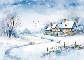 Merry Christmas and Happy Holidays, watercolour printable art print, English countryside cottage as snow winter holiday Christmas card, thank you and diy greeting card design, country style