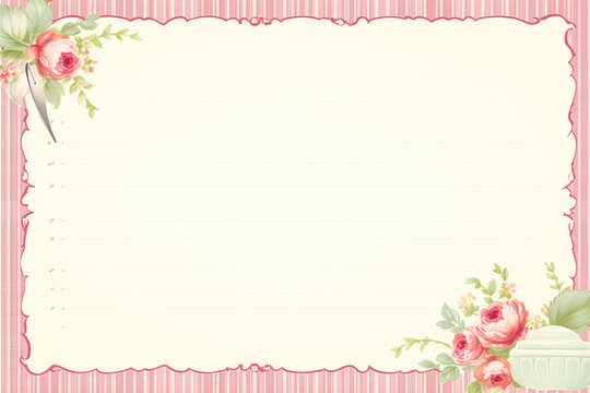 Blank vintage floral lined paper recipe card background for printable digital paper, art stationery and greeting card illustration