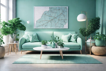 Elegant Scandinavian Living Room Interior Design with Mint Sofa, Furniture, Mock-Up Poster Map, Plants, and Personal Accessories for Stylish Home Decor. Ready-to-Use Template.