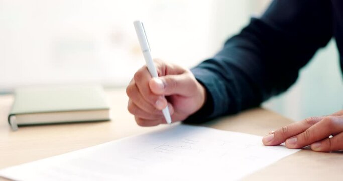 Hands, paper or man with contract to sign application or writing on document for life insurance. Compliance, closeup or client signature for paperwork policy, legal form or title deed agreement