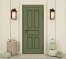 Green front door with the autumn decor. 3d render.