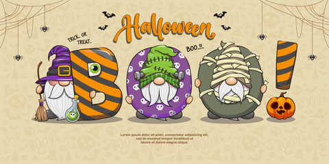 Happy Halloween Boo Banner With Gnome, Cute Cartoon Illustration