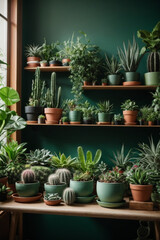 Fototapeta na wymiar Home Garden Jungle: Stylish Composition of Beautiful Plants, Cacti, Succulents, and Air Plants in Various Design Pots, Enhanced by Green Wall Paneling. A Template for Home Gardening Enthusiasts.