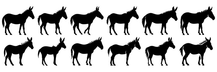 Donkey silhouettes set, large pack of vector silhouette design, isolated white background