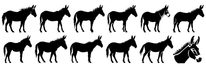Donkey silhouettes set, large pack of vector silhouette design, isolated white background