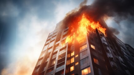 a high-rise building with flames and smoke billowing from its windows, emphasizing the importance of fire safety measures and emergency response protocols. - Powered by Adobe