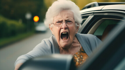Elderly woman gets angry while driving her car in traffic, she shouting a lot, angry and quarrelsome. Generative AI