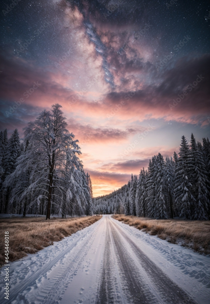 Canvas Prints road leading towards colorful sunrise between snow covered trees with epic milky way on the sky