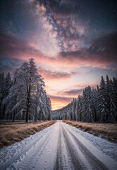 Fototapeta na wymiar Road leading towards colorful sunrise between snow covered trees with epic milky way on the sky