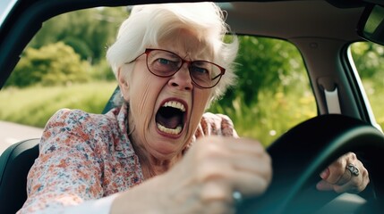 Elderly woman gets angry while driving her car in traffic, she shouting a lot, angry and quarrelsome. Generative AI - obrazy, fototapety, plakaty