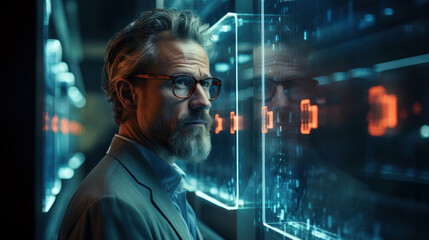 High-tech studio portrait of a scientist, looking at bio-monitoring devices