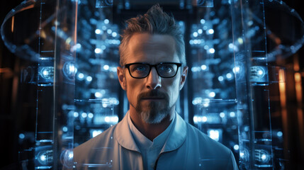 High-tech studio portrait of a scientist, looking at bio-monitoring devices