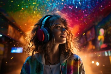 Woman with headphones, dancing in the night