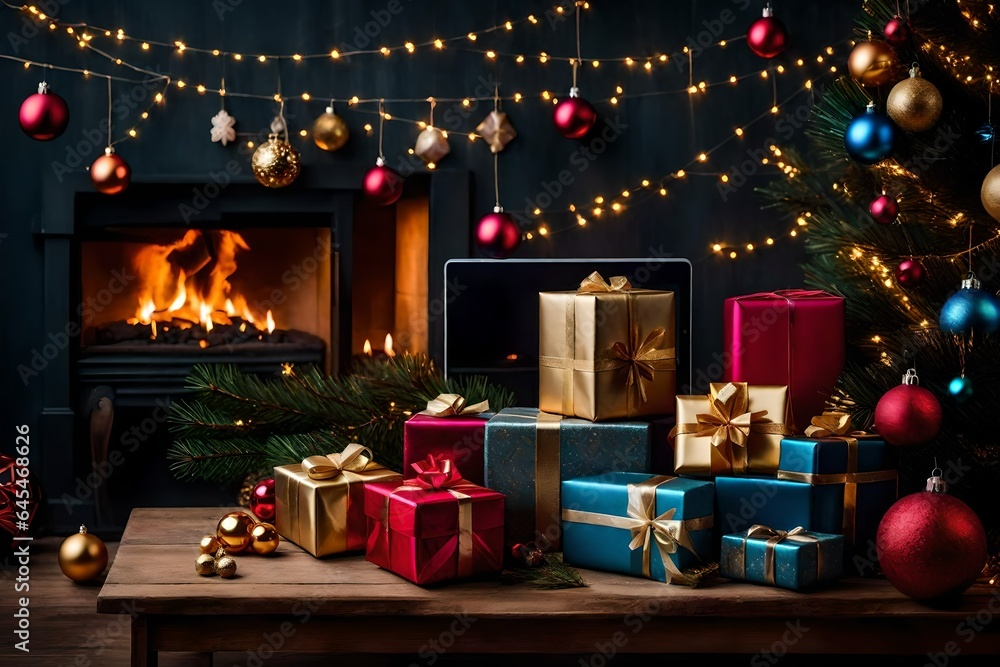 Poster christmas tree with presents generated ai