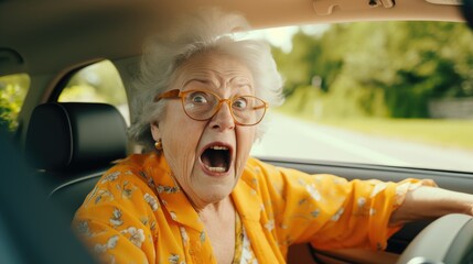 Elderly woman gets angry while driving her car in traffic, she shouting a lot, angry and quarrelsome. Generative AI