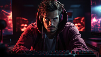 Fototapeta premium gamer, face lit by the soft glow emanating from aa display, gaming addiction