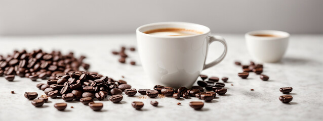 hot espresso and coffee bean on white table with soft-focus and over light in the background. top view