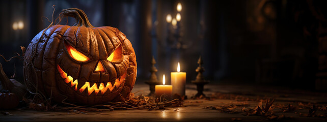 flickering candle casts eerie shadows over a sinisterly smiling carved pumpkin, widescreen banner