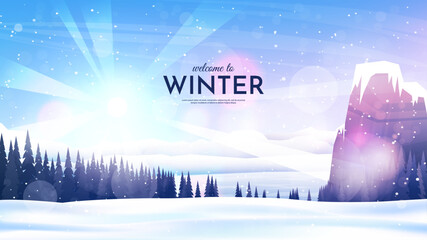 Vector illustration. Flat landscape. Snowy background. Snowdrifts. Snowfall. Clear blue sky. Blizzard. Cartoon wallpaper. Cold weather. Winter season. Forest trees and mountains. Design for website