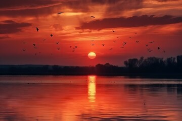 Fototapeta na wymiar A beautiful sunset with birds gracefully soaring over the tranquil water