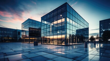 captivating image of a modern office building with a sleek glass facade that epitomizes contemporary architecture. - obrazy, fototapety, plakaty