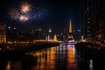 Obraz premium fireworks over the river Generated Ai