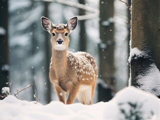 A fawn in a snowy winter landscape.
