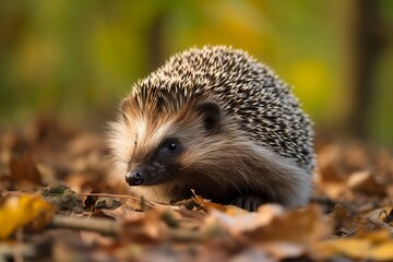 Fototapeta premium A cute hedgehog exploring a colorful autumn forest