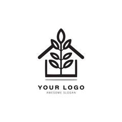 simple black and white logo design for a house or building. The design features a triangle shape on top of the house