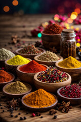 Colorful spices on wooden table