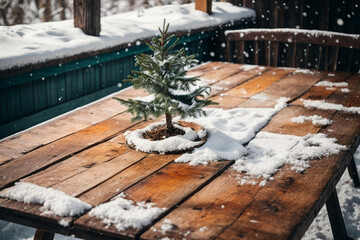 Old wood texture with snow and firtree