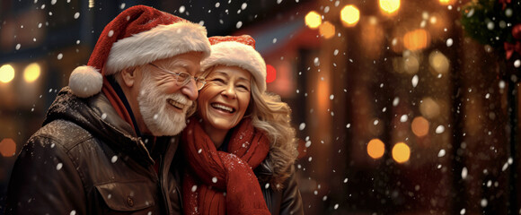 Joyful Christmas Walk: Capturing the Heartwarming Moments of an Elderly Couple Enjoying a Leisurely Stroll Amidst Festively Adorned Streets.