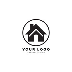 simple black and white logo design for a house or building. The design features a triangle shape on top of the house