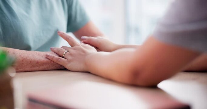 Closeup, support and people holding hands, care and trust with sympathy, consulting and wellness. Senior woman, old person and friends with healing, empathy and compassion with anxiety and solidarity