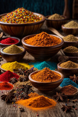 Colorful spices on wooden table