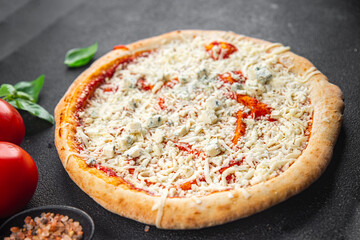 raw pizza four cheeses assorted akmezan cheese, gorgonzola, mozzarella, emmental fast food appetizer meal food snack on the table copy space food background rustic top view