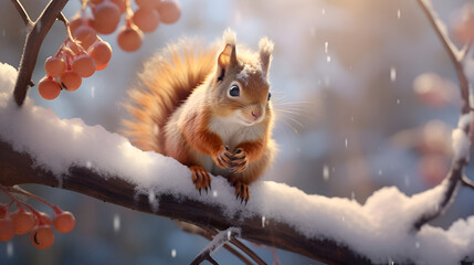 Red squirrel on the background of a winter, snowy forest with bokeh and copy space. Wild animals in winter. Christmas card. - obrazy, fototapety, plakaty