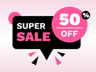 super sale 50% percent off discount, stripe, price balloon, banner, square black and pink neon