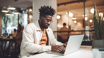 .young african american man in glasses, freelancer or student working on a laptop in a cafe at the table. Black male IT specialist working remotely using laptop while sitting cafe