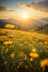 Beautiful sunrise in the mountain, Meadow landscape refreshment with sunray and golden bokeh.
