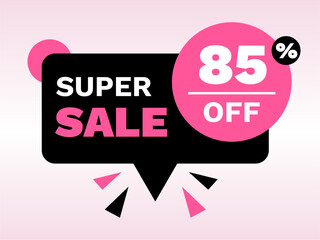 super sale 85% percent off discount, stripe, price balloon, banner, square black and pink neon