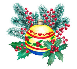 Watercolor Christmas tree composition with decor. Hand painted fir branch with Christmas balls isolated on white background. Holiday traditional decoration for design.