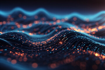 Abstract Futuristic Data Technology: A Wave of Connecting Dots and Lines on a Dark Background, Creating a Dynamic and Tech-Forward Illustration. - obrazy, fototapety, plakaty