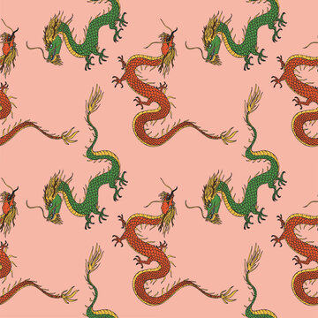 Dragons seamless pattern repeating background east ornament. Hand drawn animals vector illustration, decorative asian element for print, textile,wrapping, poster, template, card, packaging, design